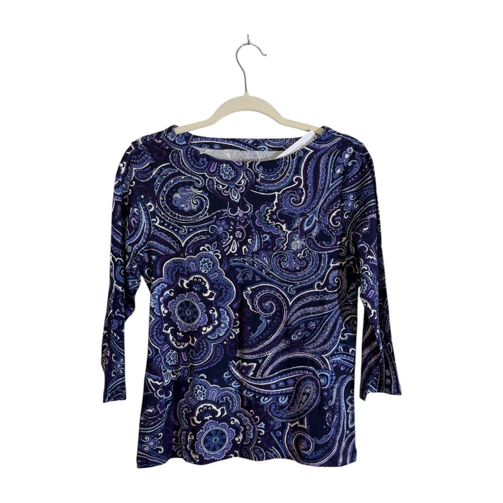 Chico's Blue Paisley Status Boat Neck M 3/4 Sleeve Tee Womens‎ 1 Purple Blue NEW